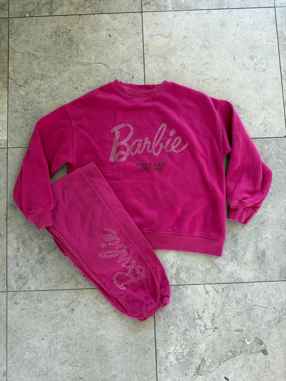 Zara Kids Hot Pink Barbie Rhinestone Sweatshirt & Jogger Set